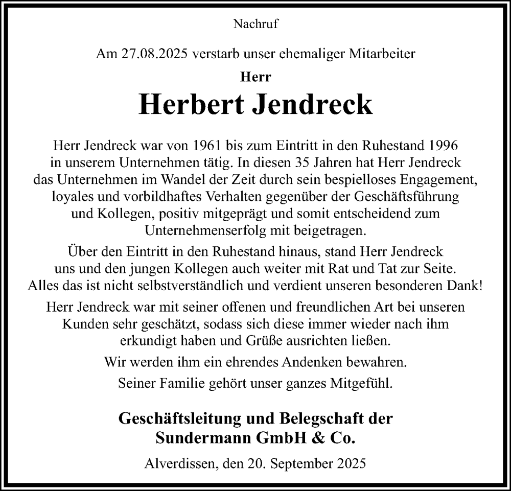 Traueranzeige für Herbert Jendreck vom 20.09.2025 aus Lippische Landes-Zeitung