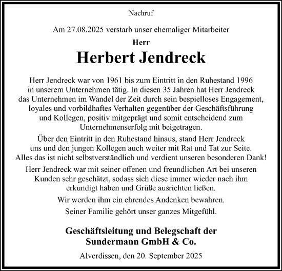 Anzeige  Herbert Jendreck  Lippische Landes-Zeitung