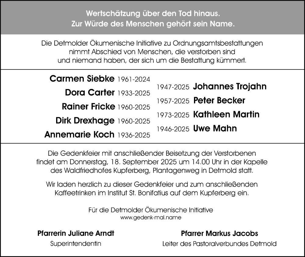  Traueranzeige für  Detmolder Ökumenische Initiative  vom 13.09.2025 aus Lippische Landes-Zeitung