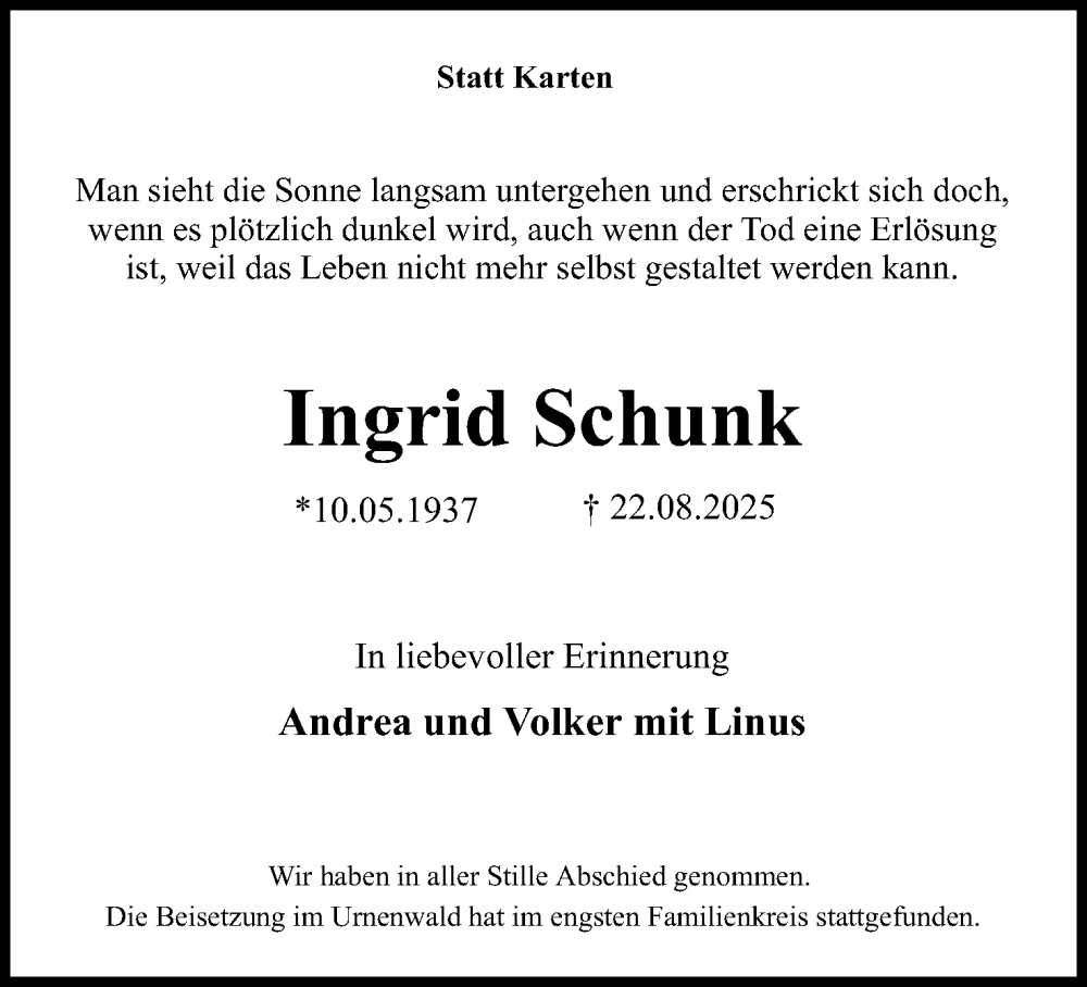  Traueranzeige für Ingrid Schunk vom 06.09.2025 aus Lippische Landes-Zeitung