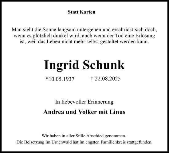Anzeige  Ingrid Schunk  Lippische Landes-Zeitung