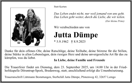 Anzeige  Jutta Dümpe  Lippische Landes-Zeitung