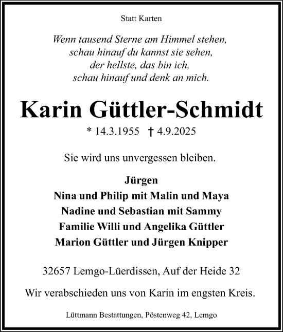 Anzeige  Karin Güttler-Schmidt  Lippische Landes-Zeitung