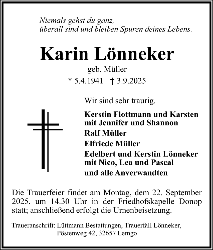  Traueranzeige für Karin Lönneker vom 13.09.2025 aus Lippische Landes-Zeitung