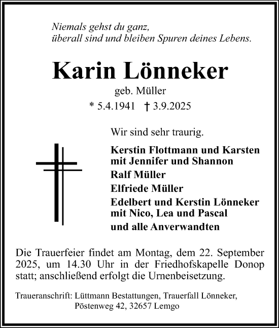 Anzeige  Karin Lönneker  Lippische Landes-Zeitung