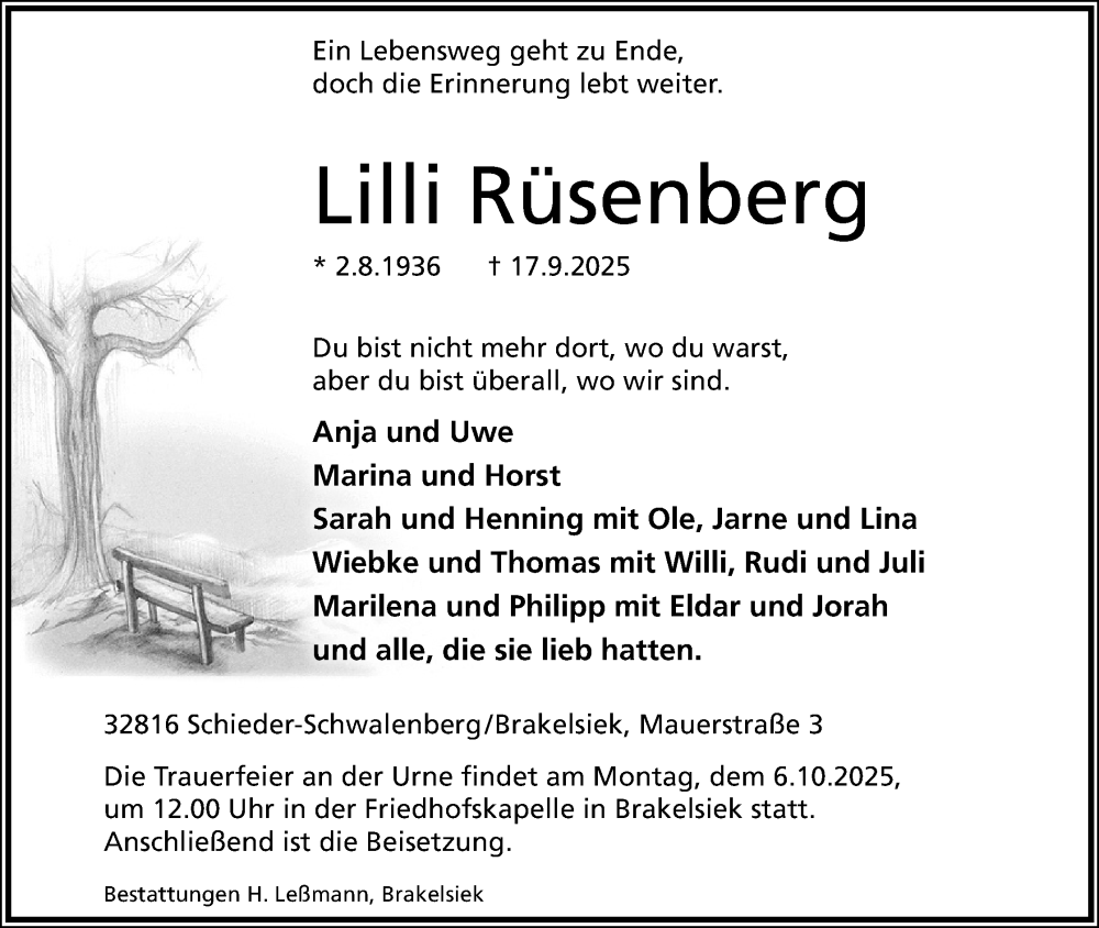  Traueranzeige für Lilli Rüsenberg vom 27.09.2025 aus Lippische Landes-Zeitung