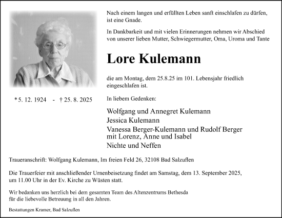 Anzeige  Lore Kulemann  Lippische Landes-Zeitung