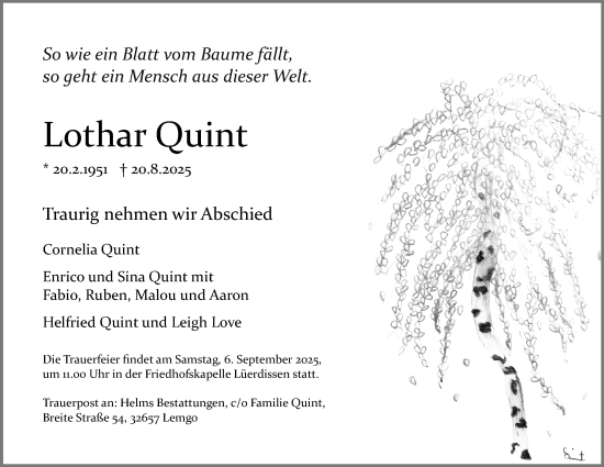 Anzeige  Lothar Quint  Lippische Landes-Zeitung