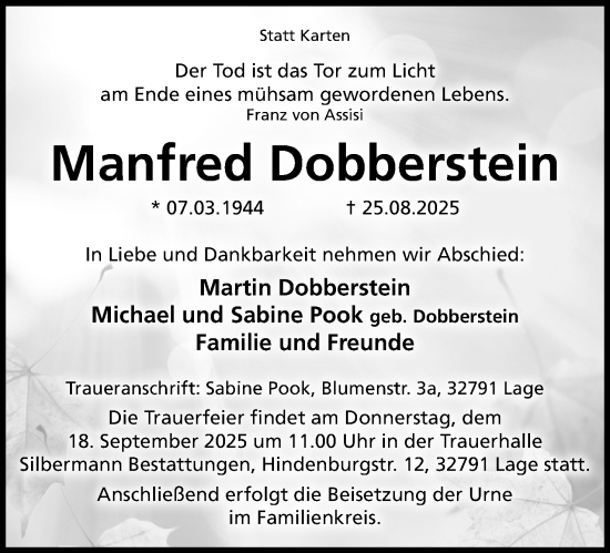 Anzeige  Manfred Dobberstein  Lippische Landes-Zeitung