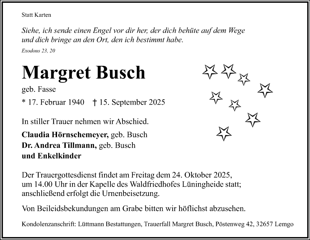  Traueranzeige für Margret Busch vom 27.09.2025 aus Lippische Landes-Zeitung