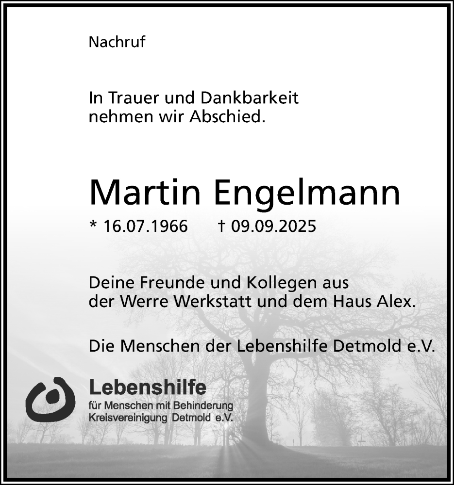  Traueranzeige für Martin Engelmann vom 20.09.2025 aus Lippische Landes-Zeitung