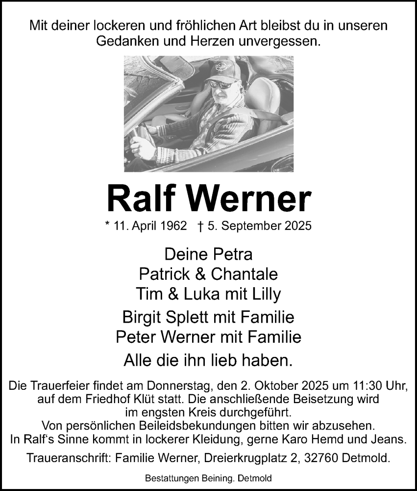  Traueranzeige für Ralf Werner vom 20.09.2025 aus Lippische Landes-Zeitung