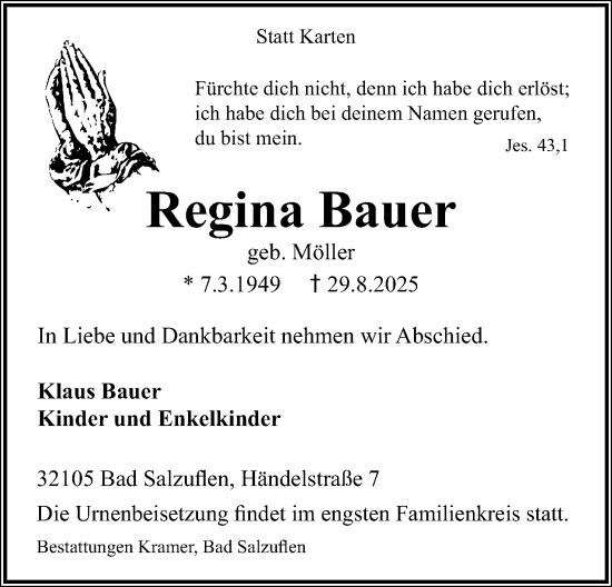 Anzeige  Regina Bauer  Lippische Landes-Zeitung