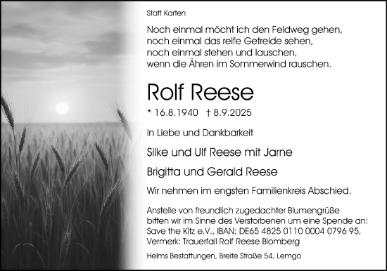 Anzeige  Rolf Reese  Lippische Landes-Zeitung