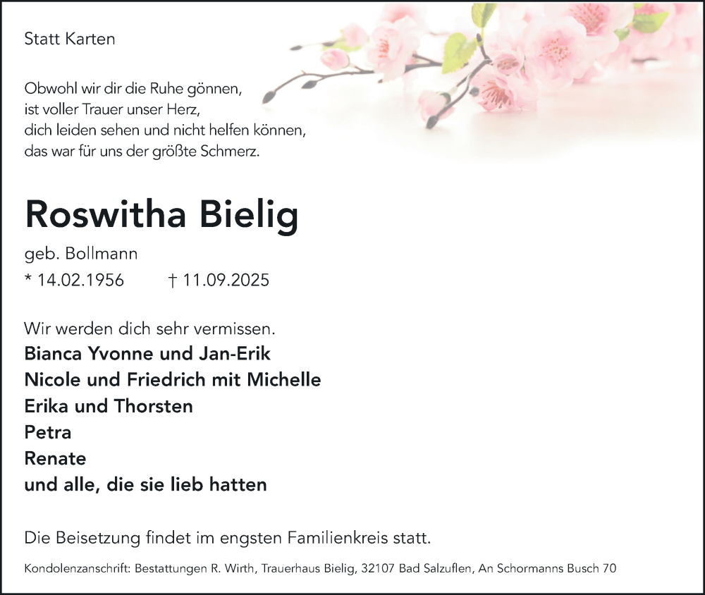  Traueranzeige für Roswitha Bielig vom 13.09.2025 aus Lippische Landes-Zeitung