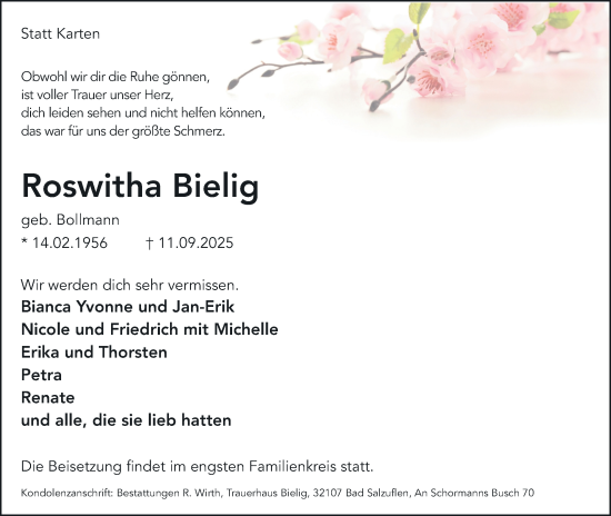 Anzeige  Roswitha Bielig  Lippische Landes-Zeitung