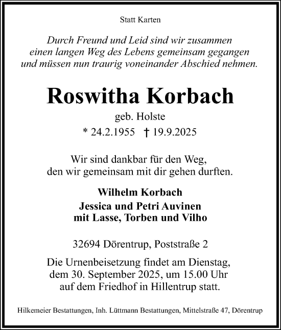 Anzeige  Roswitha Korbach  Lippische Landes-Zeitung