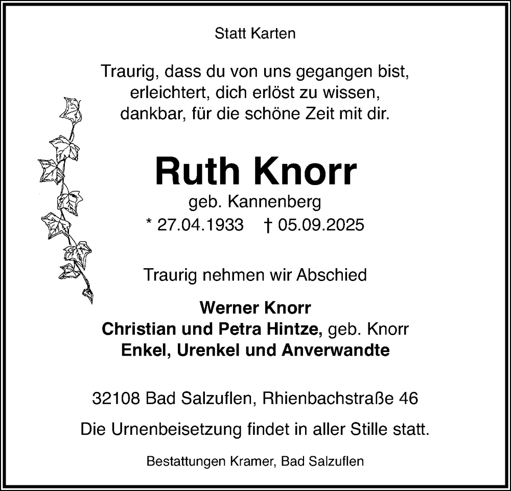  Traueranzeige für Ruth Knorr vom 13.09.2025 aus Lippische Landes-Zeitung