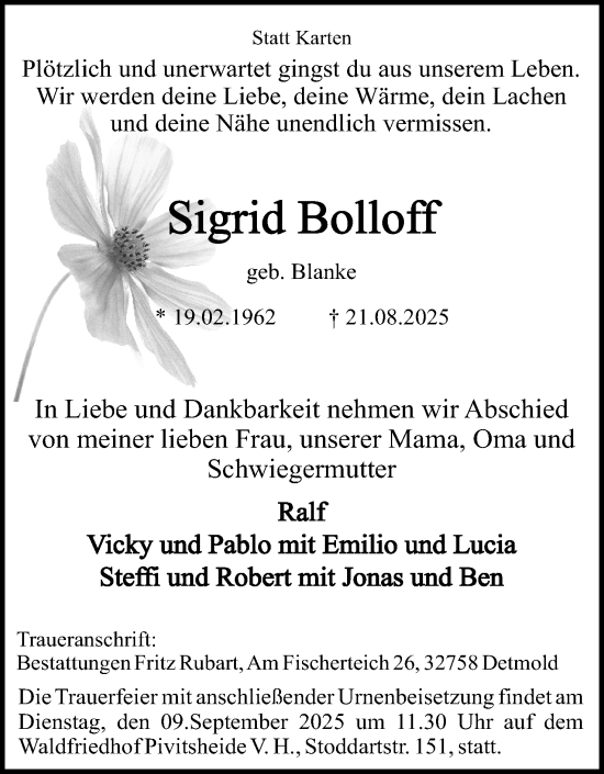 Anzeige  Sigrid Bolloff  Lippische Landes-Zeitung