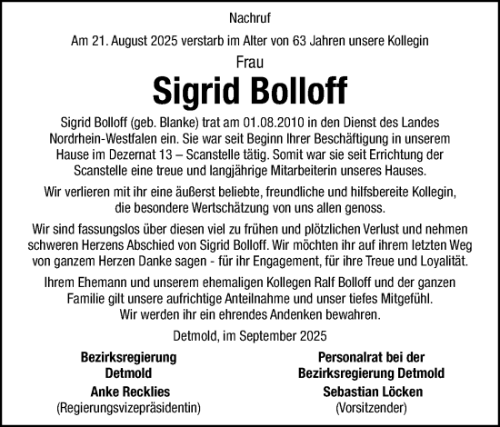 Anzeige  Sigrid Bolloff  Lippische Landes-Zeitung