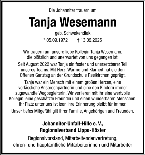 Anzeige  Tanja Wesemann  Lippische Landes-Zeitung
