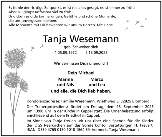 Anzeige  Tanja Wesemann  Lippische Landes-Zeitung