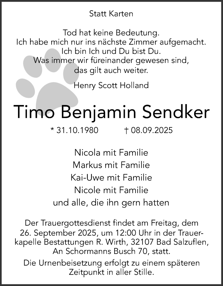  Traueranzeige für Timo Benjamin Sendker vom 20.09.2025 aus Lippische Landes-Zeitung