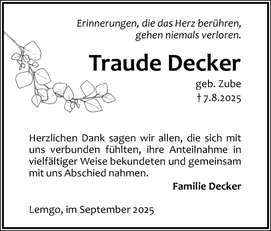 Anzeige  Traude Decker  Lippische Landes-Zeitung