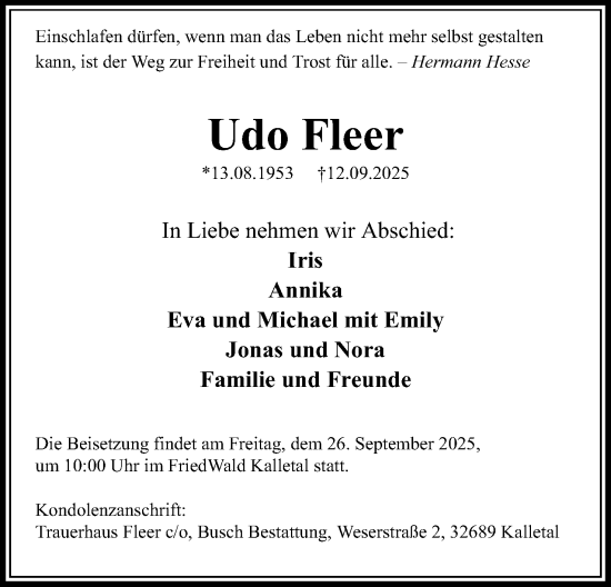 Anzeige  Udo Fleer  Lippische Landes-Zeitung