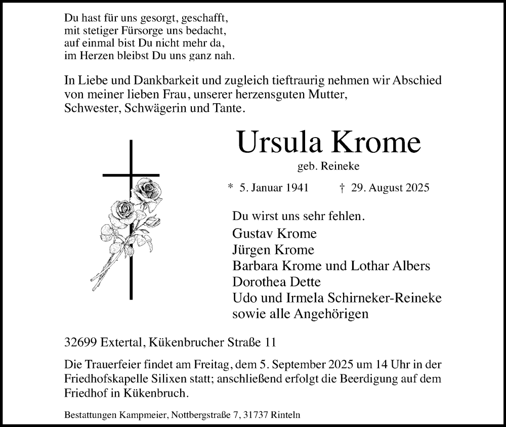  Traueranzeige für Ursula Krome vom 03.09.2025 aus Lippische Landes-Zeitung