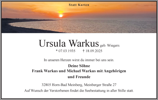 Anzeige  Ursula Warkus  Lippische Landes-Zeitung