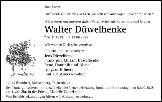 Anzeige  Walter Düwelhenke  Lippische Landes-Zeitung