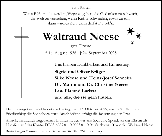 Anzeige  Waltraud Neese  Lippische Landes-Zeitung