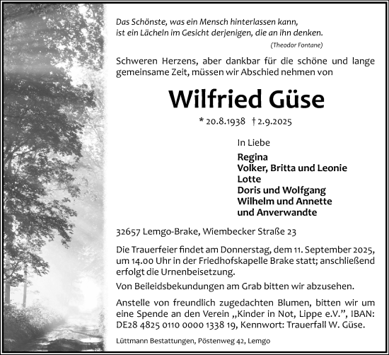 Anzeige  Wilfried Güse  Lippische Landes-Zeitung