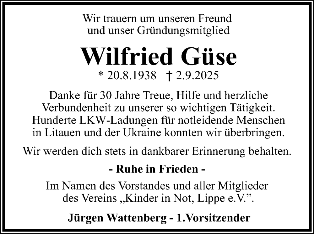  Traueranzeige für Wilfried Güse vom 13.09.2025 aus Lippische Landes-Zeitung