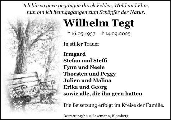 Anzeige  Wilhelm Tegt  Lippische Landes-Zeitung