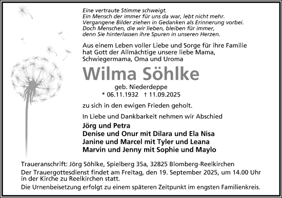 Anzeige  Wilma Söhlke  Lippische Landes-Zeitung