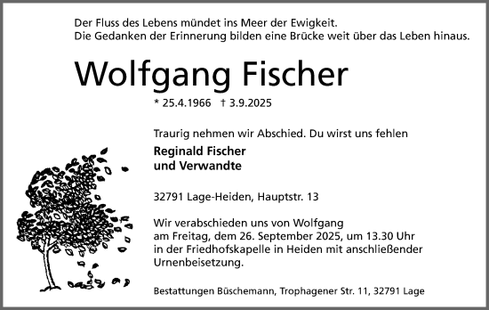 Anzeige  Wolfgang Fischer  Lippische Landes-Zeitung