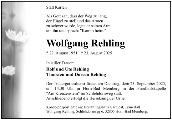 Anzeige  Wolfgang Rehling  Lippische Landes-Zeitung