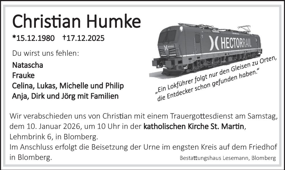  Traueranzeige für Christian Humke vom 03.01.2026 aus Lippische Landes-Zeitung