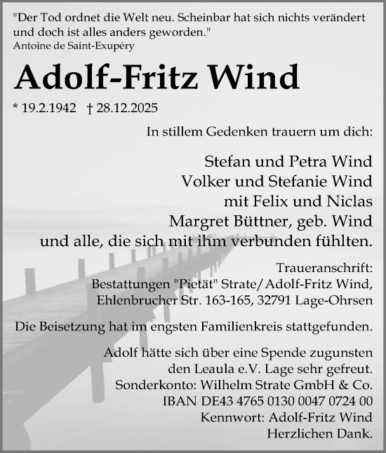 Anzeige  Adolf-Fritz Wind  Lippische Landes-Zeitung