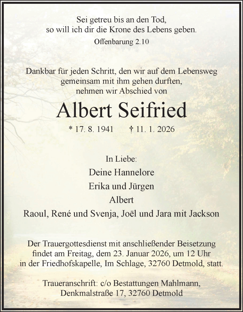  Traueranzeige für Albert Seifried vom 17.01.2026 aus Lippische Landes-Zeitung