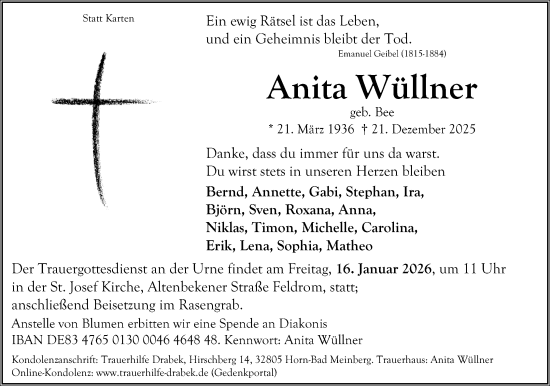 Anzeige  Anita Wüllner  Lippische Landes-Zeitung