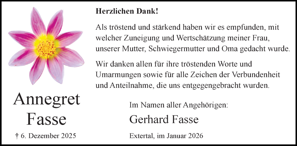  Traueranzeige für Annegret Fasse vom 17.01.2026 aus Lippische Landes-Zeitung