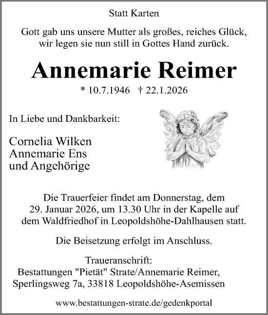 Anzeige  Annemarie Reimer  Lippische Landes-Zeitung