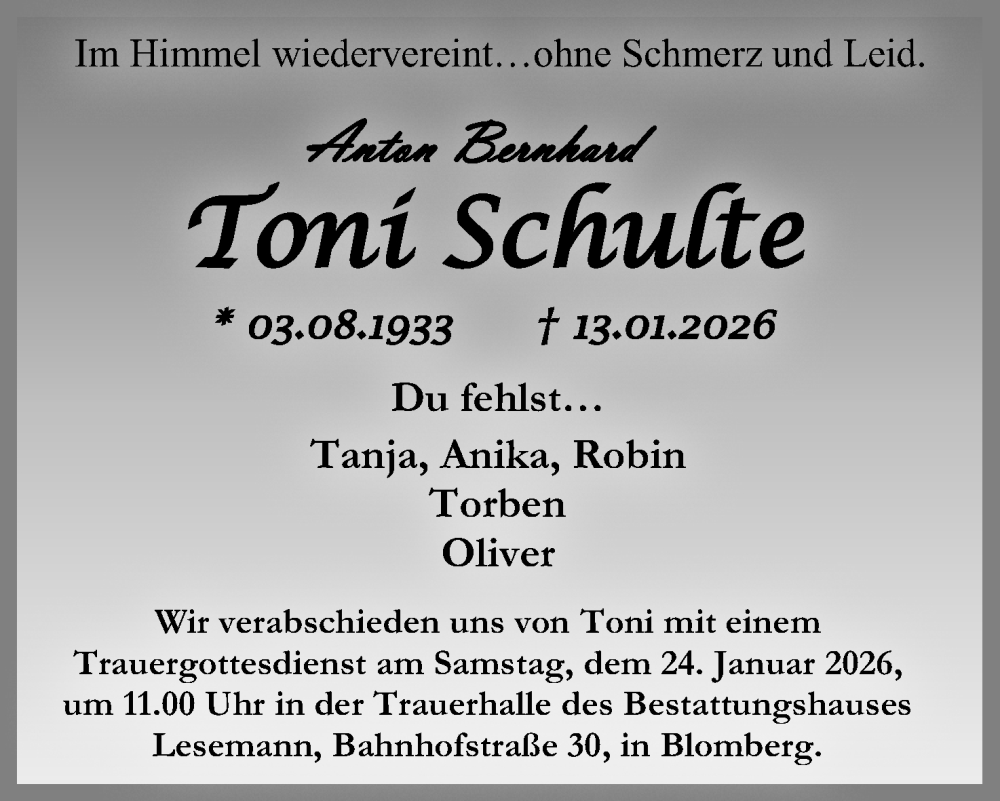 Traueranzeige für Anton Bernhard Schulte vom 17.01.2026 aus Lippische Landes-Zeitung