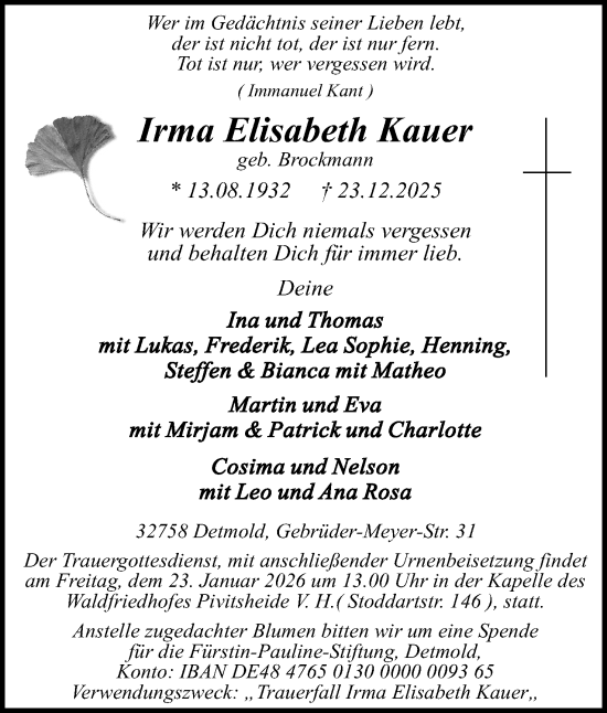 Anzeige  Irma Elisabeth Kauer   Lippische Landes-Zeitung