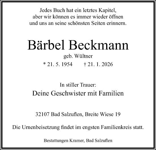 Anzeige  Bärbel Beckmann  Lippische Landes-Zeitung