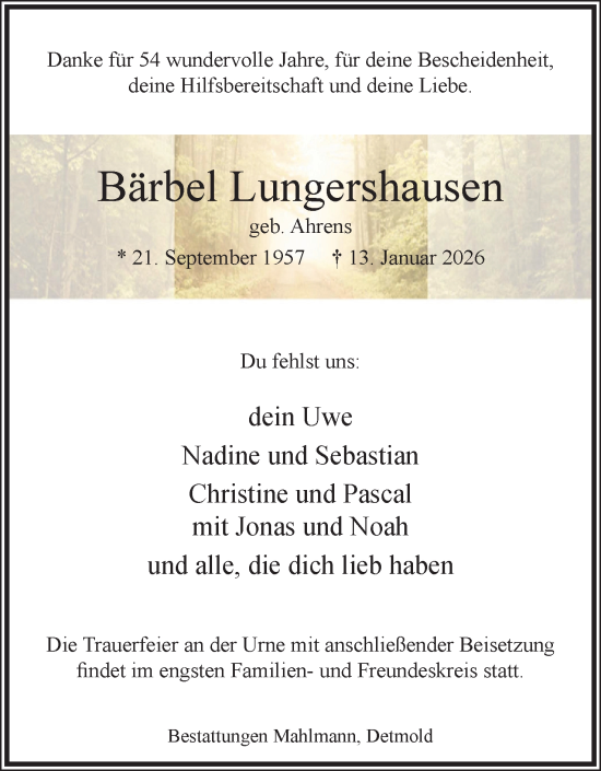 Anzeige  Bärbel Lungershausen  Lippische Landes-Zeitung