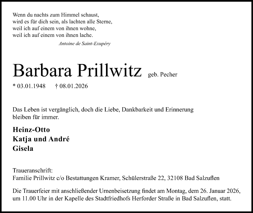  Traueranzeige für Barbara Prillwitz vom 17.01.2026 aus Lippische Landes-Zeitung
